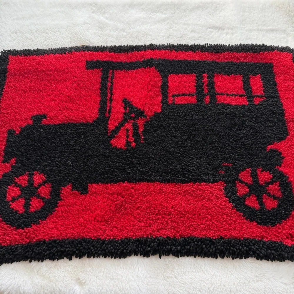 Vintage Latch Hook Rug Wall Hanging 36x24 Antique Car Red Black Textile Art